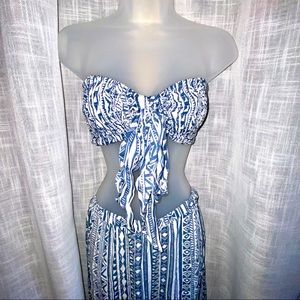 Tribal print matching set blue and white tube top flowy pants